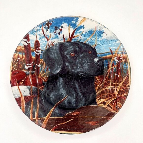 BLACK LAB LABRADOR RETREIVER WILDLIFE DECORATIVE GLASS PLATE - Picture 1 of 4